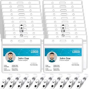 5 Pack Name Badge Holder with Clip Clear PVC Horizontal Badge Holder and Metal Badge Clip Waterproof Resealable Zipper Seal Name Holder Tags with Badge Clip