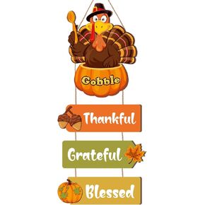 Thyle Thankful Grateful Blessed Wall Decor Hanging Wooden Turkey Wall Sign Rustic Decorative Thanksgiving Wall Decorations for Home Farmhouse Fall Thanksgiving Front Door Room Indoor Outdoor Decor