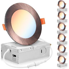 PARMIDA (6 Pack) 4 Inch 5CCT Ultra-Thin LED Recessed Lighting with J-Box, 2700K/3000K/3500K/4000K/5000K 5 Color Selectable, 9W, Dimmable, Canless Slim Panel Lights, ETL, Oil Rubbed Bronze Finish