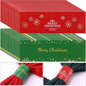 Hushee 300 Pcs Christmas Paper Napkin Rings Disposable Napkin Bands Self Adhesive Red Green Napkin Ring Merry Christmas Napkin Band for Christmas Party Dining Table Setting Holiday Dinner Party