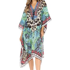 Sakkas Kristy Long Tall Lightweight Caftan Dress/Cover Up with V-Neck Jewels