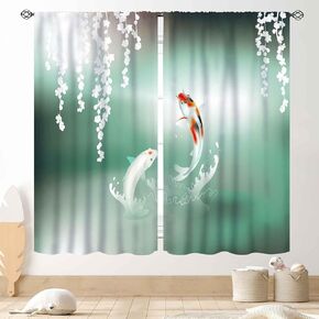 Japanese Curtains, Traditional Ink Painting Black Fluffy Cat Red Cherry Blossom Floral Branch Oriental Asian Style Nature Mountains Printed Drapes for Bedroom Living Room Bathroom Window, 42"x45" Inch