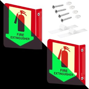 2 Pack Fire Extinguisher Sign with Down Arrow, 120 mil Thick Glow-In-The-Dark Polished Acrylic for Home Office Business Supplies (6 X 6 Inches)
