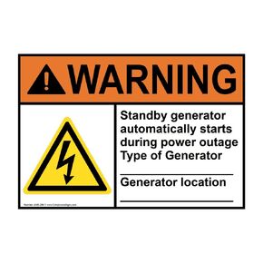 ComplianceSigns.com Warning Standby Generator Automatically ANSI Label Decal with Symbol, 5x3.5 in. 4-PackVinyl for Industrial Notices