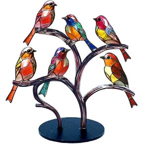 Stained Birds On Branch Desktop Ornaments, Stained Acrylic Craft Statue Desktop Ornaments,Colorful Birds Statue Ornament Tabletop Birds Decoration Acrylic Birds Decorative