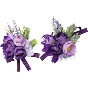 yueton Purple Wrist Corsage and Boutonniere Set Artificial Wedding Wrist Corsage Groom Bride Wedding Flowers Accessories for Wedding Prom Party