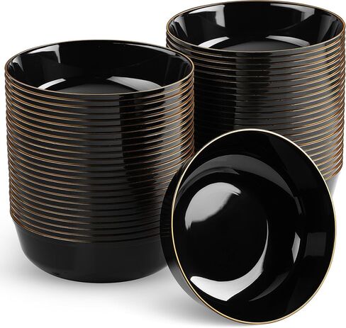 BloominGoods Disposable Plastic Soup Bowls, 50-Pack 14 Oz. Heavyweight Black With Gold Rim Bowls For Party, Wedding Or Event in Saudi Arabia