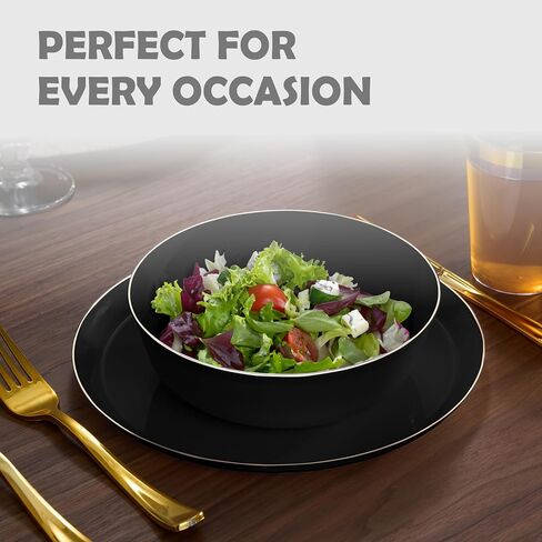 BloominGoods Disposable Plastic Soup Bowls, 50-Pack 14 Oz. Heavyweight Black With Gold Rim Bowls For Party, Wedding Or Event in Saudi Arabia