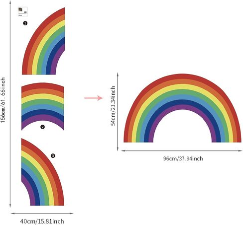 funlife Colorful Bold Vinyl Rainbow Wall Mural, Seamless Peel and Stick Rainbow Wall Sticker Nursery Baby Kids Bedroom Living Room Decor, 37.94"x21.34" in Saudi Arabia