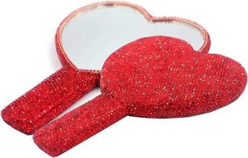 Bling Rhinestone Heart Handheld Mirror - Portable & Dazzling Makeup Mirror for On-The-Go Touch-ups (Plastic red) in Saudi Arabia