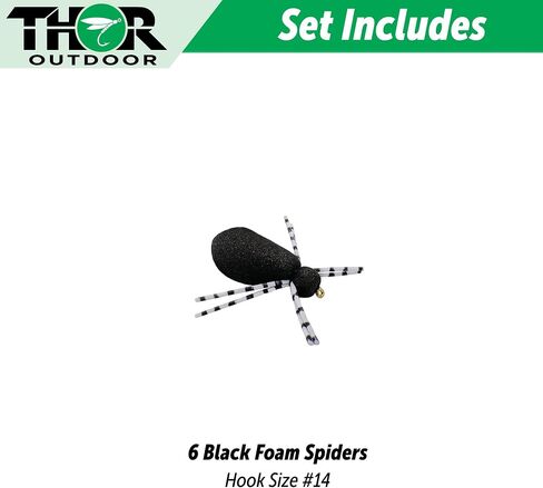 Foam Spider Fly Fishing Set – Black, Small & Leggy, 6 Pc, Hook Size #16 - Topwater Dry Flies for Bass, Panfish, and Trout by Thor Outdoor in Saudi Arabia