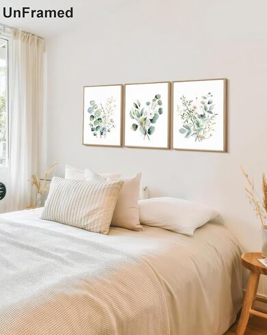Framed Botanical Wall Art Set of 3 Sage Green Floral Canvas Prints Boho Watercolor Plants Painting Eucalyptus Leaf Pictures Minimalist Modern Home Decor for Living Room Bedroom Bathroom 12x16in in Saudi Arabia