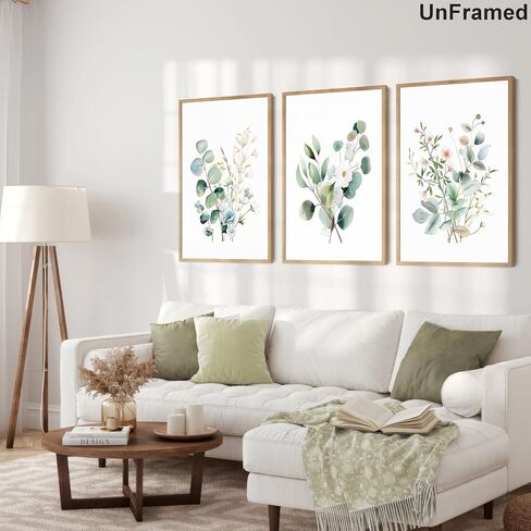 Framed Botanical Wall Art Set of 3 Sage Green Floral Canvas Prints Boho Watercolor Plants Painting Eucalyptus Leaf Pictures Minimalist Modern Home Decor for Living Room Bedroom Bathroom 12x16in in Saudi Arabia
