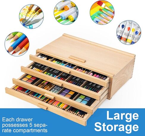 Falling in Art Wooden Pastel Storage Box, Artist Supply Storage Box With 4 Removable Drawer, Portable Organizer Box for Pencils, Markers, Brushes and Painting Tools in Kuwait