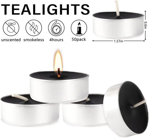4H Tea Lights Candle-Black Unscented Pressed Wax-50 Pack- Dripless & Smokeless-for Shabbat,Weddings,Christmas,Emergency,Home Decorative in Kuwait