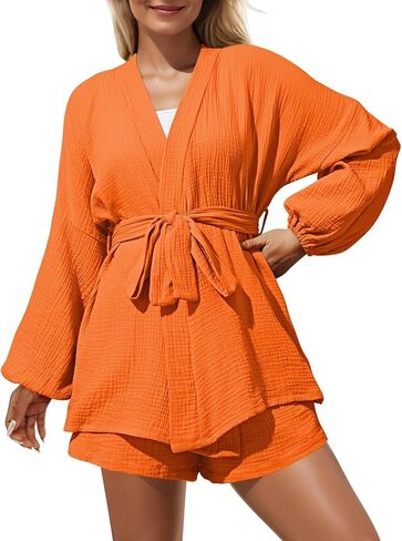 Pink Queen Women's 2 Piece Tracksuit Outfit Long Sleeve Belted Kimono Blouse High Waisted Shorts Lounge Sets in Saudi Arabia