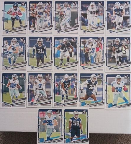 دالاس كاوبويز 2023 Donruss HUGE Factory مختومة 17 بطاقة فريق مع داك بريسكوت وميكا بارسونز بالإضافة إلى 4 بطاقات مبتدئة مصنفة بما في ذلك Deuce Vaughn وLuke Schoonmaker in Saudi Arabia