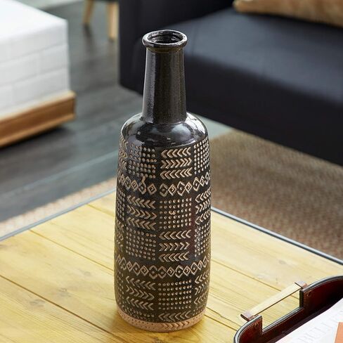 Deco 79 Porcelain Ceramic Decorative Vase Tribal Centerpiece Vase, Flower Vase for Home Decoration 6" x 6" x 18", Black in Saudi Arabia