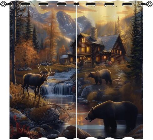 Rustic Cabin Blackout Curtains for Girls Boy Home Decor, Vintage Lodge Bear Moose Deer Country Grommet Thermal Insulated Drapes Darkening Window Curtain for Bedroom Living Room, 42 x 45 Inch in Saudi Arabia