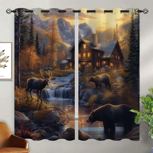Rustic Cabin Blackout Curtains for Girls Boy Home Decor, Vintage Lodge Bear Moose Deer Country Grommet Thermal Insulated Drapes Darkening Window Curtain for Bedroom Living Room, 42 x 45 Inch in Saudi Arabia