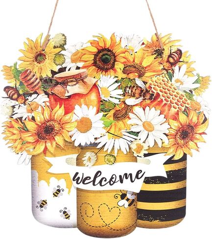 CREATCABIN Bee Happy Wood Sign عباد الشمس علامات خشبية معلقة ديكورات الصيف لافتة باب في الهواء الطلق ديكور جدار أصفر للمزرعة الباب الأمامي الشرفة جدار ديكور المنزل هدية 11.81 × 11.57 بوصة in Saudi Arabia