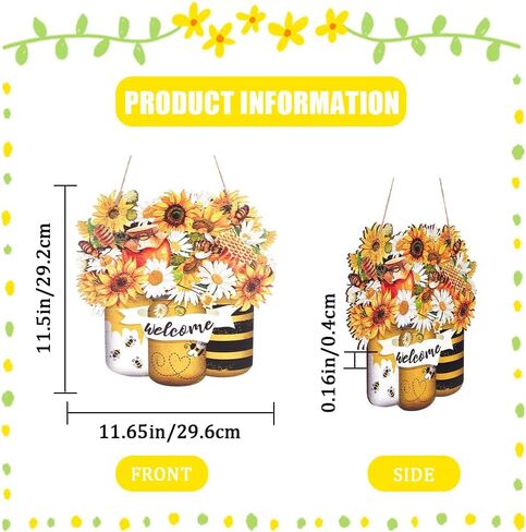 CREATCABIN Bee Happy Wood Sign عباد الشمس علامات خشبية معلقة ديكورات الصيف لافتة باب في الهواء الطلق ديكور جدار أصفر للمزرعة الباب الأمامي الشرفة جدار ديكور المنزل هدية 11.81 × 11.57 بوصة in Saudi Arabia