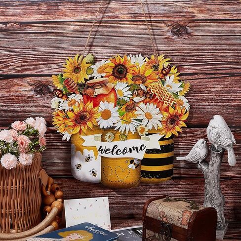 CREATCABIN Bee Happy Wood Sign عباد الشمس علامات خشبية معلقة ديكورات الصيف لافتة باب في الهواء الطلق ديكور جدار أصفر للمزرعة الباب الأمامي الشرفة جدار ديكور المنزل هدية 11.81 × 11.57 بوصة in Saudi Arabia