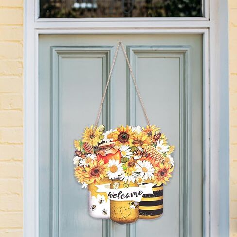 CREATCABIN Bee Happy Wood Sign عباد الشمس علامات خشبية معلقة ديكورات الصيف لافتة باب في الهواء الطلق ديكور جدار أصفر للمزرعة الباب الأمامي الشرفة جدار ديكور المنزل هدية 11.81 × 11.57 بوصة in Saudi Arabia
