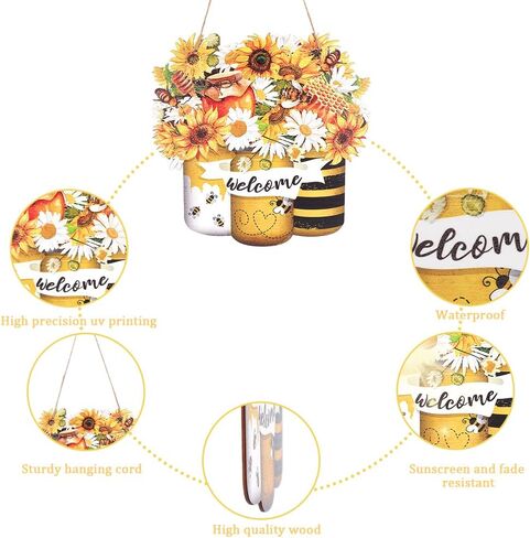 CREATCABIN Bee Happy Wood Sign عباد الشمس علامات خشبية معلقة ديكورات الصيف لافتة باب في الهواء الطلق ديكور جدار أصفر للمزرعة الباب الأمامي الشرفة جدار ديكور المنزل هدية 11.81 × 11.57 بوصة in Saudi Arabia