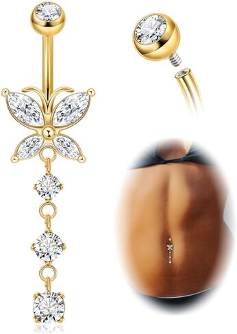 14G Pure G23 Titanium Dangle Belly Button Rings for Women Butterfly CZ Dangle Belly Ring Internally Thread Dangling Navel Piercing Jewelry for Sensitive Skin in Saudi Arabia