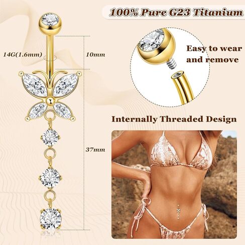 14G Pure G23 Titanium Dangle Belly Button Rings for Women Butterfly CZ Dangle Belly Ring Internally Thread Dangling Navel Piercing Jewelry for Sensitive Skin in Saudi Arabia