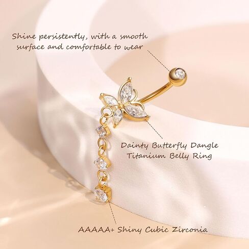 14G Pure G23 Titanium Dangle Belly Button Rings for Women Butterfly CZ Dangle Belly Ring Internally Thread Dangling Navel Piercing Jewelry for Sensitive Skin in Saudi Arabia
