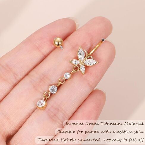 14G Pure G23 Titanium Dangle Belly Button Rings for Women Butterfly CZ Dangle Belly Ring Internally Thread Dangling Navel Piercing Jewelry for Sensitive Skin in Saudi Arabia