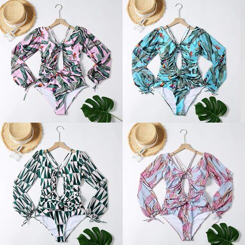 Women Sexy One-Piece Hollow Out Leaves Print Bikini Puff Sleeve V-Neck Swimsuit in Kuwait