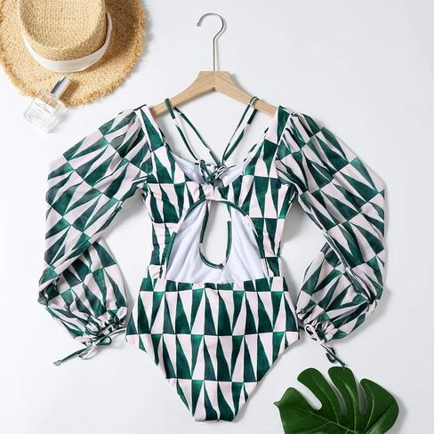 Women Sexy One-Piece Hollow Out Leaves Print Bikini Puff Sleeve V-Neck Swimsuit in Kuwait