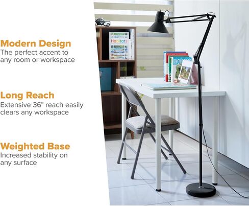 مصباح مكتب Bostitch Office VLF100 LED بذراع متأرجح مع مشبك تثبيت، يصل إلى 36 بوصة، يتضمن لمبة LED، أسود in Kuwait