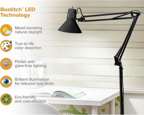 مصباح مكتب Bostitch Office VLF100 LED بذراع متأرجح مع مشبك تثبيت، يصل إلى 36 بوصة، يتضمن لمبة LED، أسود in Kuwait