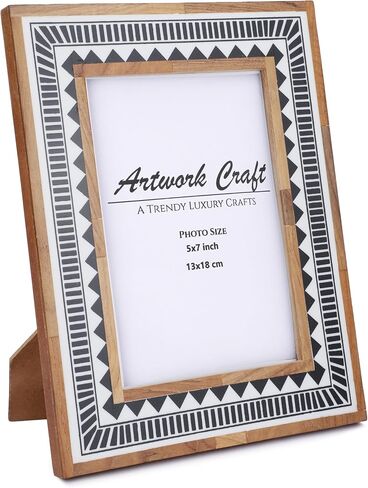 Handmade White Bone Photo Frame Geometric Painting Vintage Boho Wooden Picture Frames For Table-Top/Wall Decor (5x7 Inches, Ethnic Black) in Saudi Arabia