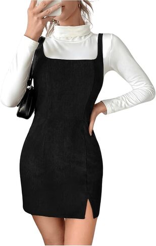 COZYEASE Women's Mini Pinafore Overall Dress Zip Up Split Hem Pinafore Straps Bodycon Dresses Without Tee in Saudi Arabia