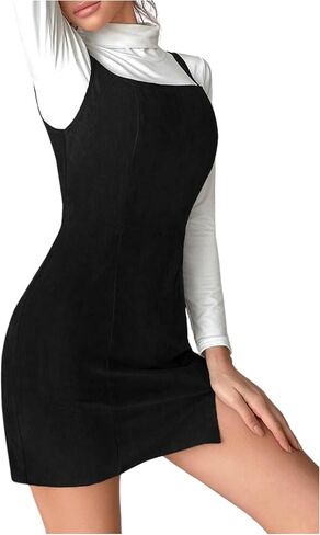 COZYEASE Women's Mini Pinafore Overall Dress Zip Up Split Hem Pinafore Straps Bodycon Dresses Without Tee in Saudi Arabia