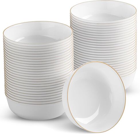 BloominGoods Disposable Plastic Soup Bowls, 50-Pack 14 Oz. Heavyweight White With Gold Rim Bowls For Party, Wedding Or Event in Kuwait