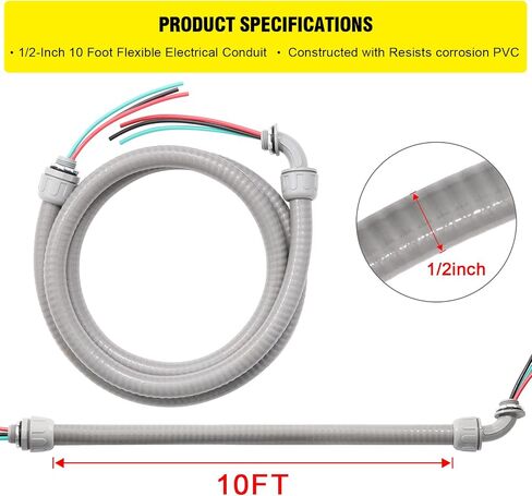 Power Whip Assembly Kit -1/2" x 10ft Non-Metallic Liquid Tight with 10 Gauge Wire Electrical AC Whip Kit Flexible Electrical Conduit & straight/90°Fittings in Saudi Arabia