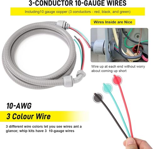 Power Whip Assembly Kit -1/2" x 10ft Non-Metallic Liquid Tight with 10 Gauge Wire Electrical AC Whip Kit Flexible Electrical Conduit & straight/90°Fittings in Saudi Arabia