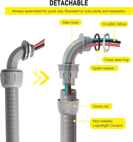 Power Whip Assembly Kit -1/2" x 10ft Non-Metallic Liquid Tight with 10 Gauge Wire Electrical AC Whip Kit Flexible Electrical Conduit & straight/90°Fittings in Saudi Arabia
