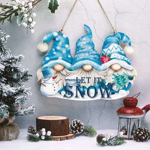 Glenmal Let It Snow Decor Snowman Hanging Wall Sign Blue Winter Sign Gnome Christmas Wood Front Door Decor Christmas Snowflake Decoration for Party Indoor Outdoor Welcome Home Decor in Kuwait