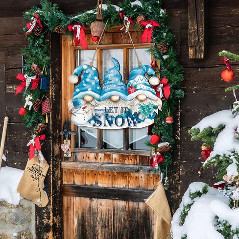 Glenmal Let It Snow Decor Snowman Hanging Wall Sign Blue Winter Sign Gnome Christmas Wood Front Door Decor Christmas Snowflake Decoration for Party Indoor Outdoor Welcome Home Decor in Kuwait