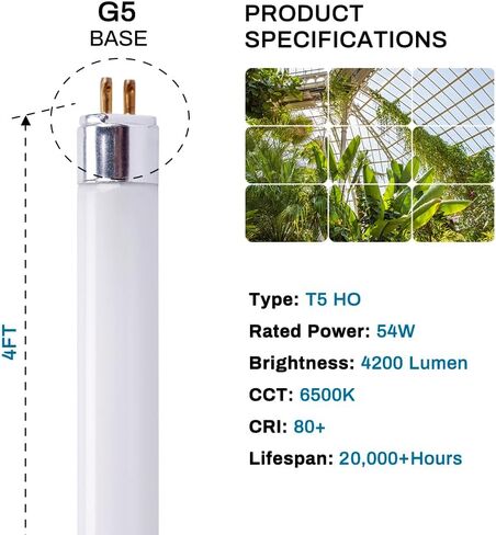 F54T5/865/HO Fluorescent Tube Light Bulb, 46 Inch, 54W, 6500K Daylight, 4200 Lumens, High Output, G5 Bi-Pin Base, 4FT T5 Grow Light Bulbs - 5 Pack in Saudi Arabia