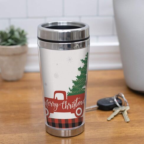 Elanze Designs Merry Christmas Red Truck Holiday كوب سفر من الفولاذ المقاوم للصدأ سعة 16 أونصة مع غطاء in Kuwait