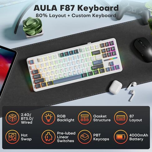 لوحة مفاتيح AULA F87 Pro، بلوتوث ثلاثي الوضع / 2.4 جيجا هرتز / حشية USB-C، لوحة مفاتيح ميكانيكية مخصصة قابلة للتبديل السريع، مفتاح ريبر مشحم مسبقًا، أغطية مفاتيح PBT مطبوعة جانبية 75% TKL لوحة مفاتيح ألعاب بإضاءة خلفية RGB لاسلكية in Kuwait