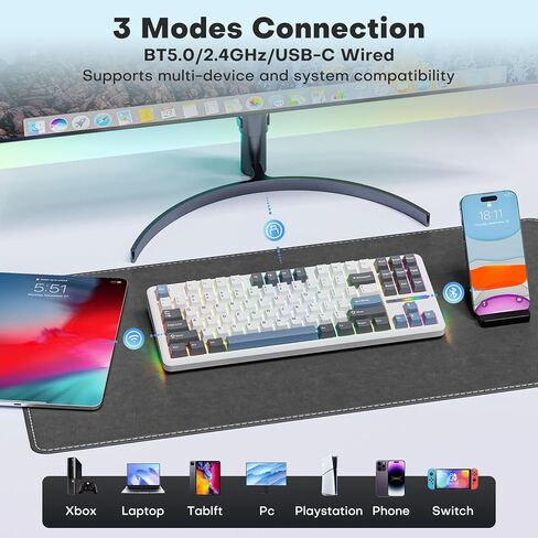 لوحة مفاتيح AULA F87 Pro، بلوتوث ثلاثي الوضع / 2.4 جيجا هرتز / حشية USB-C، لوحة مفاتيح ميكانيكية مخصصة قابلة للتبديل السريع، مفتاح ريبر مشحم مسبقًا، أغطية مفاتيح PBT مطبوعة جانبية 75% TKL لوحة مفاتيح ألعاب بإضاءة خلفية RGB لاسلكية in Kuwait